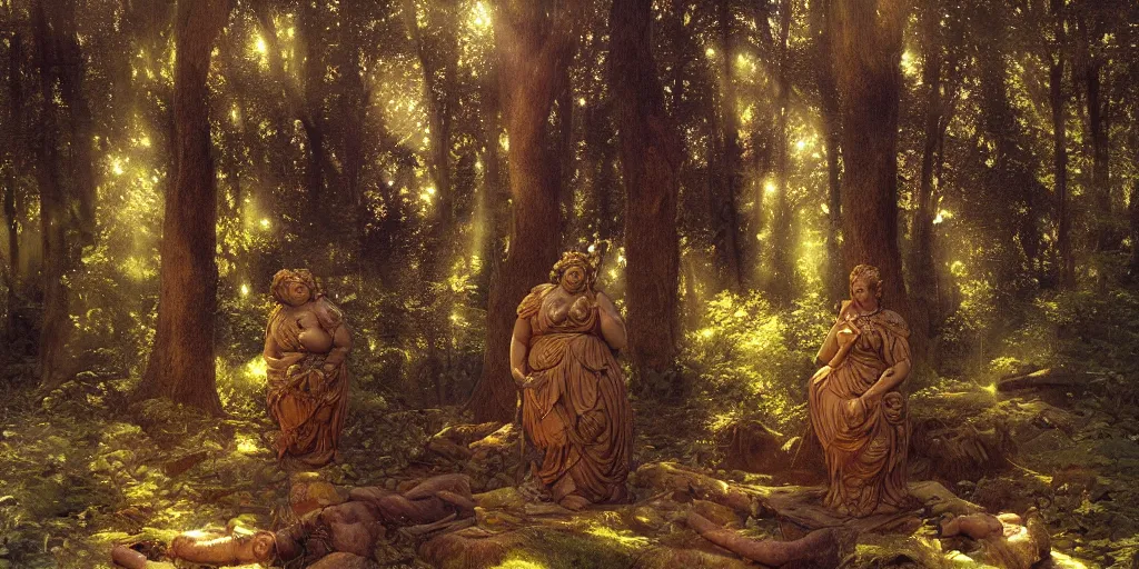 Image similar to Ancient statue lost in the heart of the forest depicting to the chubby ancient goddess of earth and trees wearing silks and leaves | dramatic light | cinematic lighting | sunshafts, volumetric lighting | golden hour | style of donato giancola