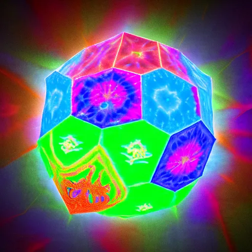 Image similar to a hyperrealistic 3D render of a dodecahedron made entirely of tie dyed Mandelbrot fractals, 8k, 4K, glowing, neon, octane render, photorealistic