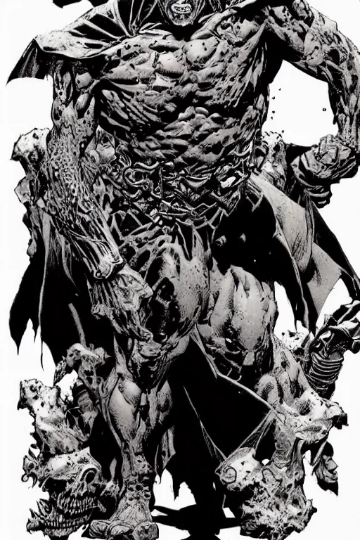 Image similar to A full body portrait of a new antihero character standing on skulls art by Marc Silvestri and Jim Lee, trending on artstation, ominous, mysterious