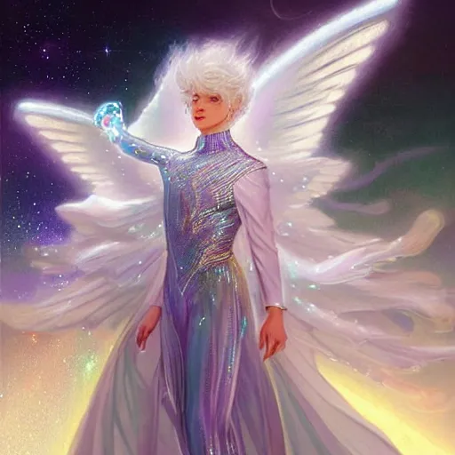 Image similar to portrait harmony of white haired angel beautiful yoongi wearing sparkly shiny greek clothes, muted colors, nebula background, neon sparkles everywhere, big wings, dynamic hair movement, + + + + dynamic pose, holographic space, glowing effect, j. c leyendecker, by alan lee, wlop! illustrated by starember, fantasy art by craig mullins