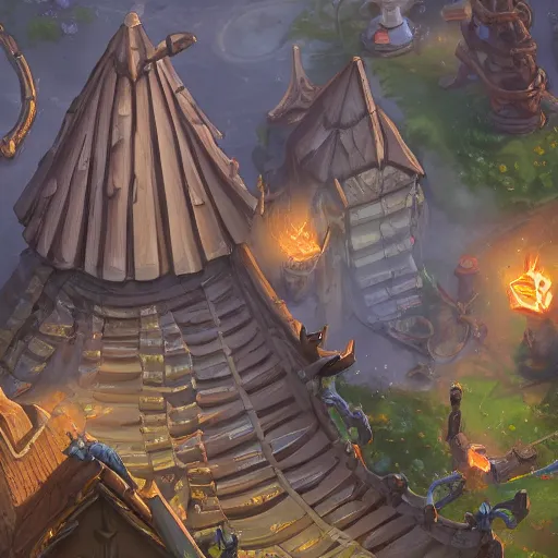 Image similar to trending on artstation, hearthstone. structures with tile roofs, and peaked wooden roofs, structures blackened to some degree by a patina of soot. structures darkest at the top, where the ash gathered, but rainwaters and evening condensations had carried the stains over ledges and down walls in an uneven gradient.