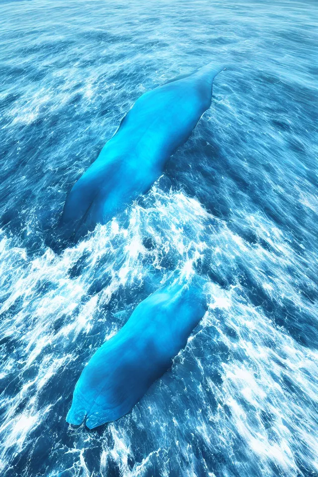 Prompt: under the blue ocean there is a blue whale in the water, the blue whale crystal texture, the dreamy crystal atmosphere ， super wide angle ， matte painting ， rtx on ， trending on cgsociety and artstation, volumetric light ， hyper - realism