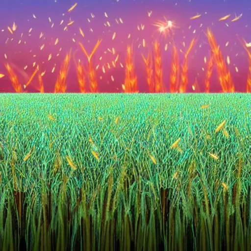 Image similar to hyper realistic wheat field with turquoise fireflies under a clear summer night sky