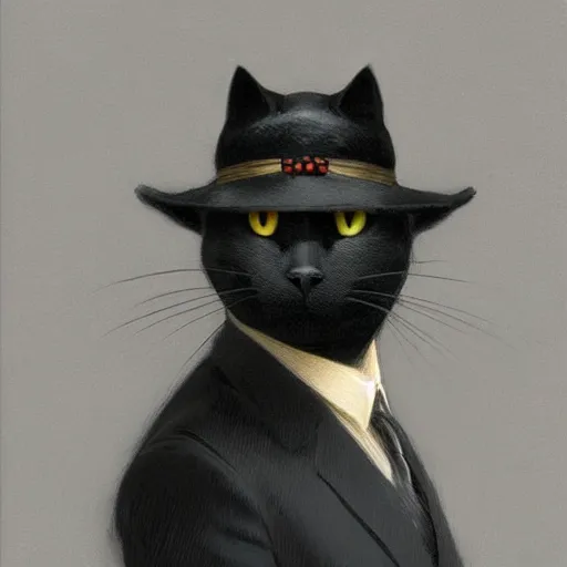 Image similar to portrait of a black cat wearing a suit and a hat, intricate, headshot, highly detailed, digital painting, artstation, concept art, sharp focus, cinematic lighting, illustration, art by artgerm and greg rutkowski, alphonse mucha, cgsociety