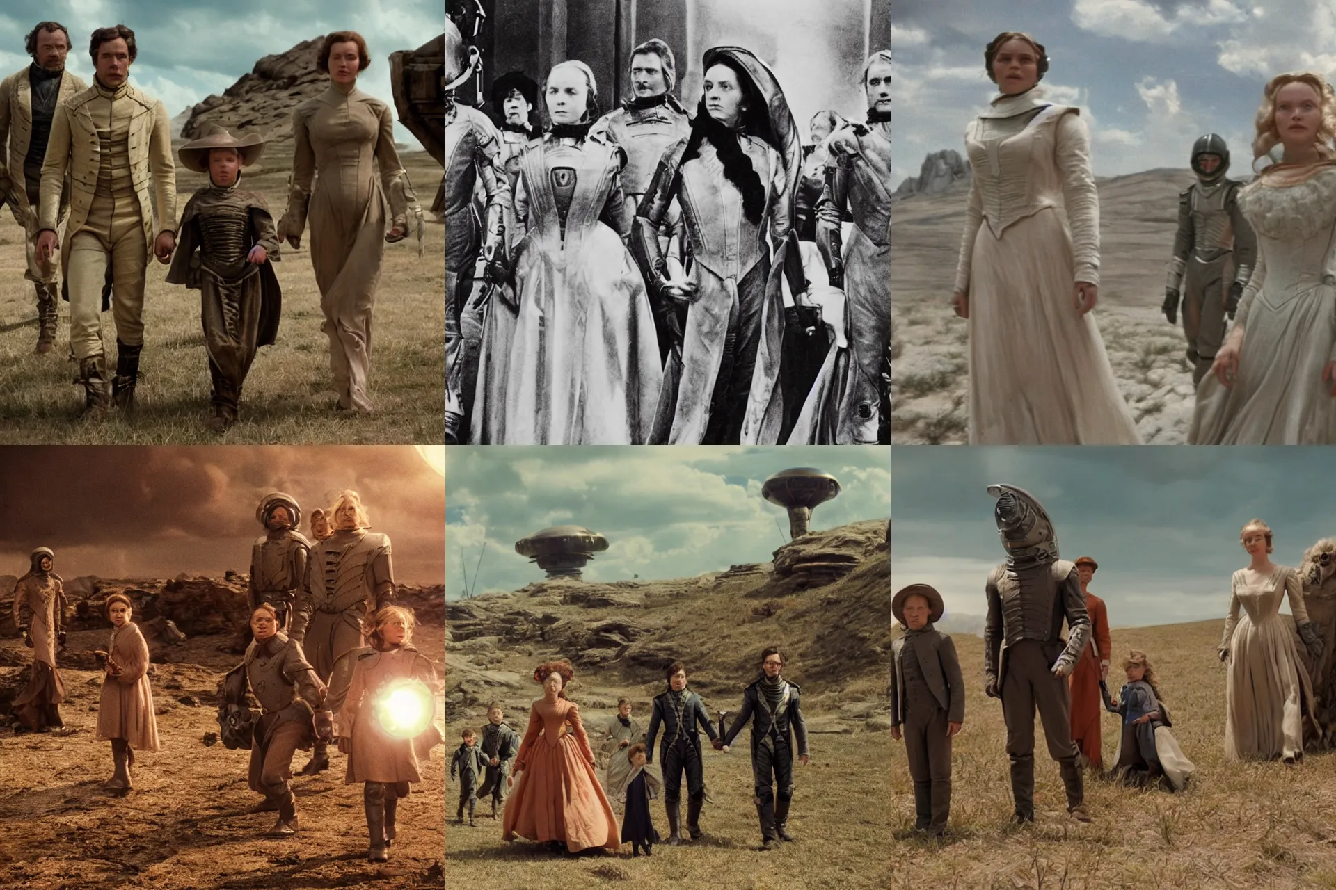 Prompt: 70mm still from a sci fi blockbuster movie made in 3222, set in 1860, of a family leaving a spaceship, that has just landed on an alien planet, wearing 1850s era clothes, cinematic lighting, 4k, in focus faces, oscar winner, high quality photography