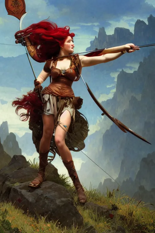 Prompt: full - body matte portrait of a beatiful voluptuous female archer with long red hair in a heroic pose at the top of a mountain holding a silver greatbow, tied leather armor, art by albert bierstadt, alphonse mucha, andreas rocha, greg rutkowski, sharp edges. ultra clear detailed. 8 k. elegant. octane render