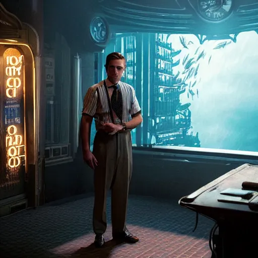 Image similar to a highly detailed cinematic photo from a live - action bioshock movie. andrew ryan, portrayed by ryan gosling, is shown standing in a 1 9 3 0's office with a large desk in front of a floor - to - ceiling window looking out onto the underwater city of rapture shining in the distance, several fish are shown outside of the window