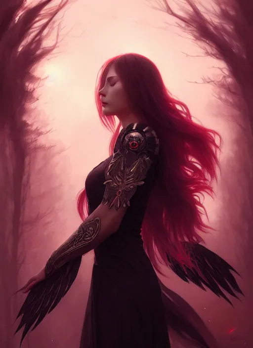 Prompt: a beautiful cinematic sexy female seraphim, black wings slightly burnt, fantasy forest landscape, fantasy magic, red black fade hair, dark light night, intricate, elegant, sharp focus, illustration, highly detailed, digital painting, concept art, matte, art by WLOP and Artgerm and Greg Rutkowski and Alphonse Mucha, masterpiece