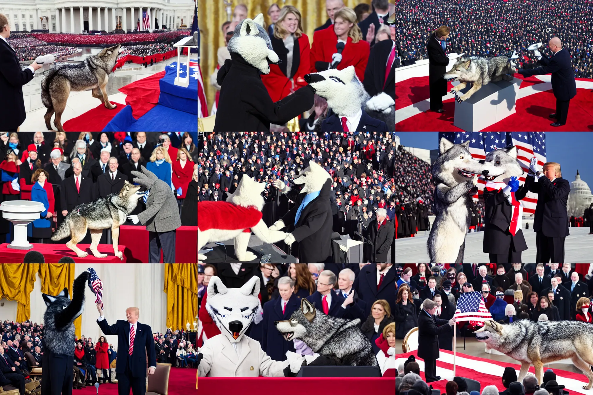 Prompt: photo of the usa presidential inauguration, a wolf fursuiter being inaugurated as president