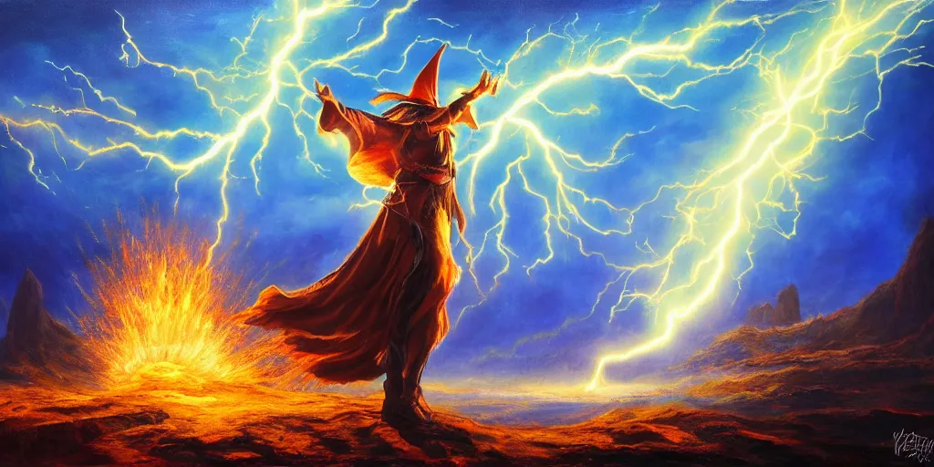 Prompt: wizard in front of magical explosion, lightning, fantasy, oil painting, concept art, 8 k