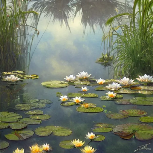 Image similar to Water Lillies in Paradise, Watercolor, photorealistic, high resolution, award winning, trending on artstation, intricate, elegant, highly detailed, digital painting, artstation, concept art, smooth, sharp focus, illustration, art by artgerm and greg rutkowski and alphonse mucha
