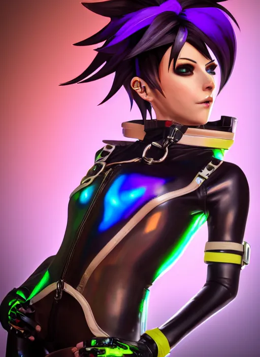 Image similar to portrait bust digital artwork of tracer overwatch, wearing iridescent rainbow latex and leather straps catsuit outfit, 4 k, expressive happy whistling face, makeup, in style of mark arian, angel wings, wearing detailed leather collar, chains, black leather harness, detailed face and eyes,