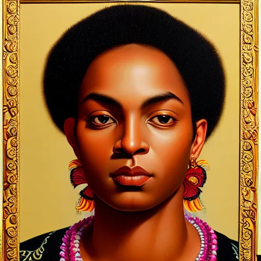 Image similar to A portrait of a slender contemporary and pretty non-binary person, dark skin tone, Indian, oil painting by Kehinde Wiley, majestic, detailed, high resolution