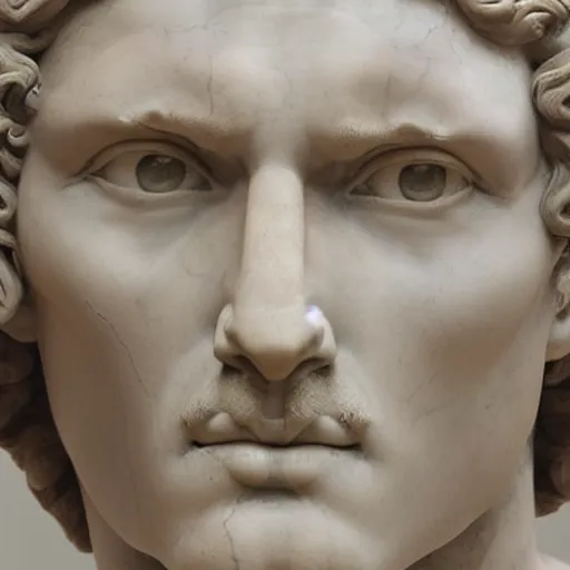 Prompt: reinterpretation of sculpture of david by michelangelo ( face ) hyperrealistic style in carrara marble