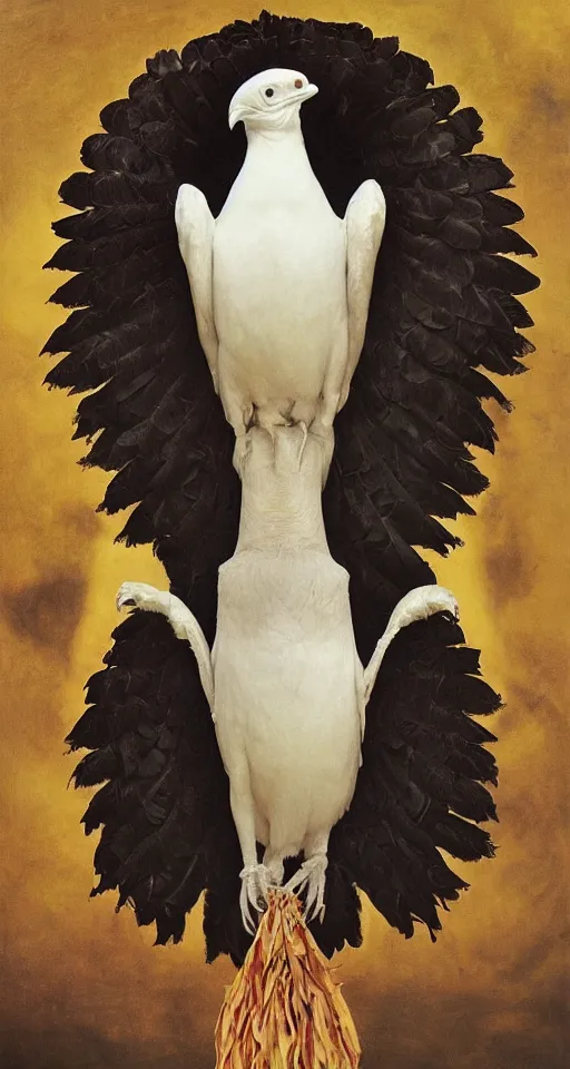 Prompt: photographic masterpiece of an albino raven standing on a golden skull with mexican pattens, annie leibovitz, frederic leighton, roger dean