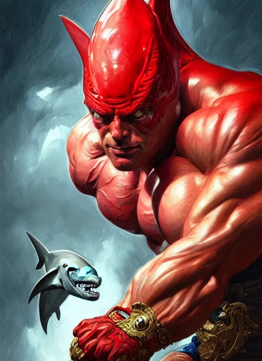 Image similar to portrait of a super muscular red human with a shark head breaking a wall, d & d, muscular! fantasy, intricate, elegant, highly detailed, digital painting, artstation, concept art, smooth, sharp focus, illustration, art by artgerm and greg rutkowski and alphonse mucha