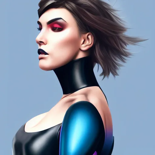 Image similar to a stunning upper body portrait of a beautiful young woman wearing futuristic deep black battle bodyarmor with ombre navy blue teal hairstyle blowing in the wind by marvel comics, digital art, trending on artstation