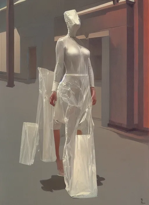 Image similar to woman in a translucent clothing made from plastic bag with paper bags for clothes standing inside paper bags with paper bag over the head at store display Edward Hopper and James Gilleard, Zdzislaw Beksinski, highly detailed