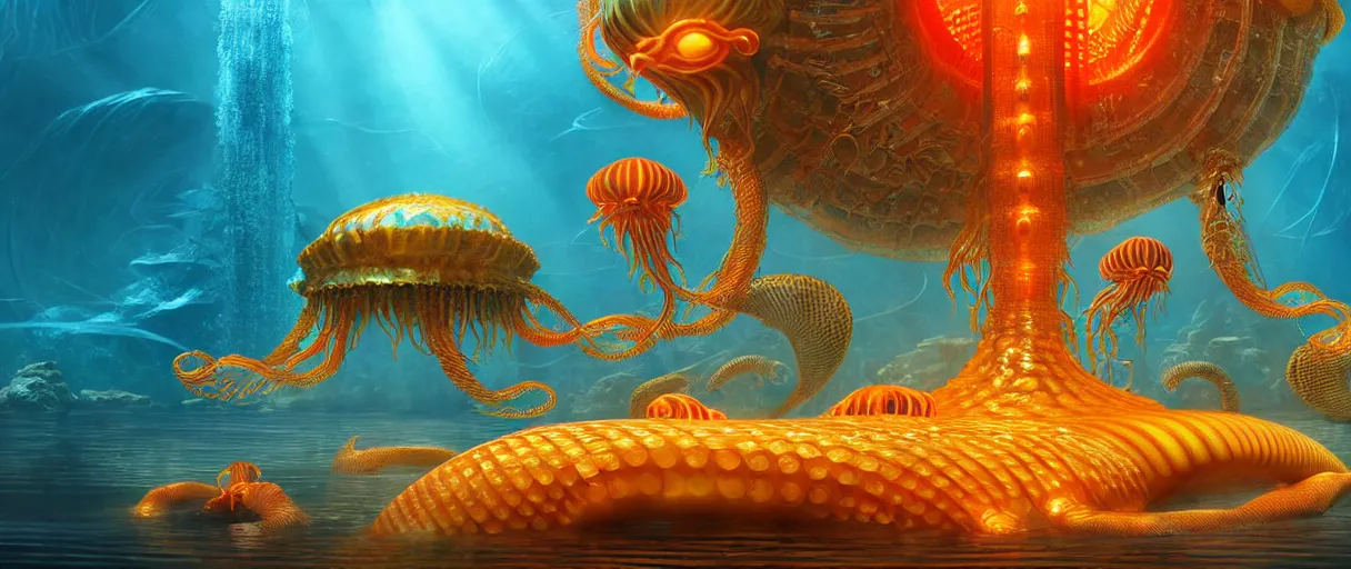 Prompt: hyperrealistic ornate underwater bio-morphic city of atlantis guarded by giant orange and yellow cyborg jellyfish matte painting concept art alex grey hajime sorayama cinematic soft red lighting low angle hd 8k sharp shallow depth of field