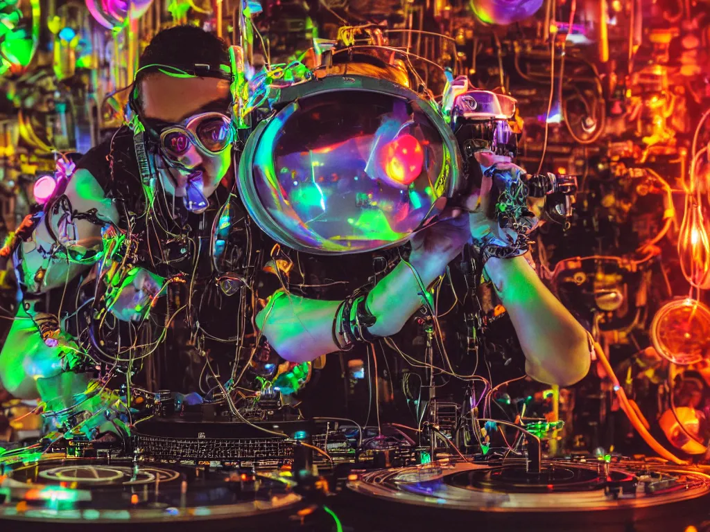 Image similar to a person wearing goggles and visor and headphones using a steampunk record player contraption, wires and tubes, turntablism dj scratching, intricate planetary gears, cinematic, imax, sharp focus, leds, bokeh, iridescent, black light, fog machine, hazy, lasers, hyper color digital art, cyberpunk