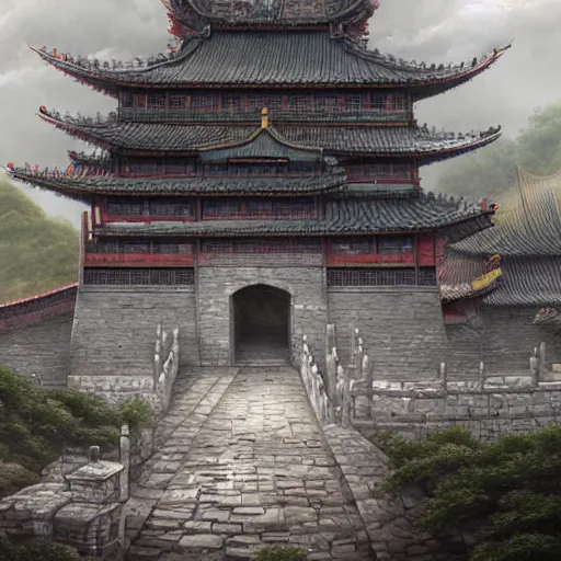 Image similar to dynamic composition, motion, ultra-detailed, incredibly detailed, a lot of details, amazing fine details and brush strokes, colorful and grayish palette, smooth, HD semirealistic anime CG concept art digital painting, watercolor oil painting of epic castle gate, from Three Kingdoms, by a Chinese artist at ArtStation, by Huang Guangjian, Fenghua Zhong, Ruan Jia, Xin Jin and Wei Chang. Realistic artwork of a Chinese videogame, gradients, gentle an harmonic grayish colors.