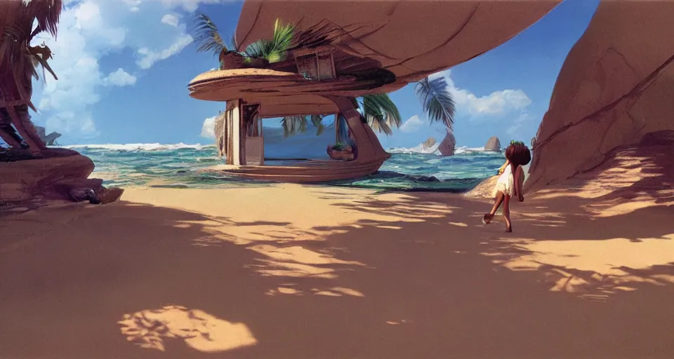 Image similar to concept art, tiny seashell house where a hermit girl lives, atmospheric cinematography by syd mead