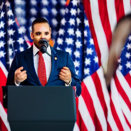 Image similar to a fox animal dressed in a suit giving a presidential speech, 8 5 mm f / 1. 4