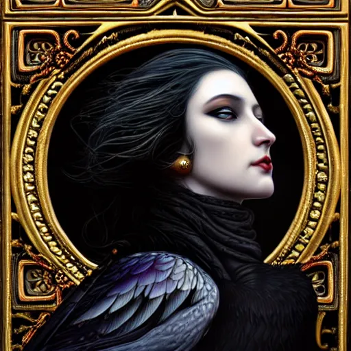 Prompt: goddess of crows, unusual beauty, emotionally evoking symbolic metaphors, head in focus, fantasy, ornamental, intricate, elegant, sensual, highly detailed digital painting, artstation, concept art, painterly, golden ratio, sharp focus, illustration, art by John Collier and Krenz Cushart and Artem Demura and and Greg Rutkowski and Alphonse Mucha and Albert Aublet