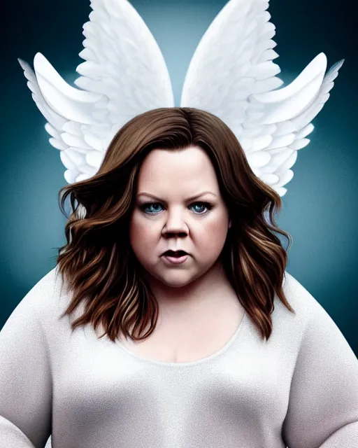 Image similar to Fullbody potrait of Melissa McCarthy as an angel, hyper realistic, prismatic highlights, atmosphere, gorgeous, depth of field, cinematic, macro, concept art, 50mm, artstation, wlop, elegant, epic, weta digital, focus, octane render, v-ray, 8k, kodak portra, art by Liberatore