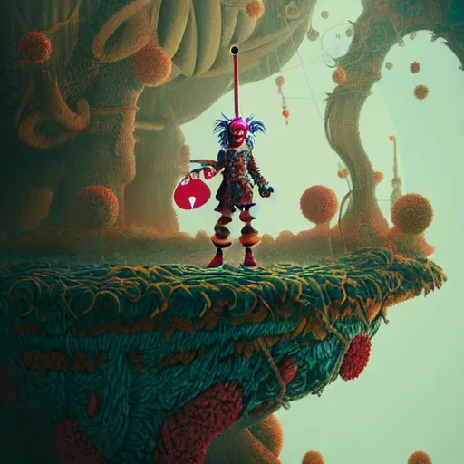 Prompt: clown character knight, infinite final fantasy candyland landscape fall god temple, moody : : wes anderson, roger dean, sophie anderson, esao andrews : : ornate, dynamic, particulate, intricate, elegant, highly detailed, centered, artstation, smooth, sharp focus, octane render, 3 d