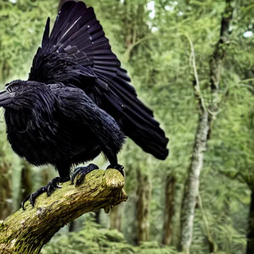 Prompt: werecreature crow, photograph captured in a forest