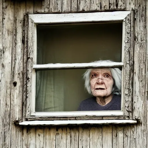 Prompt: creepy old lady looking through a window, cabin in the woods
