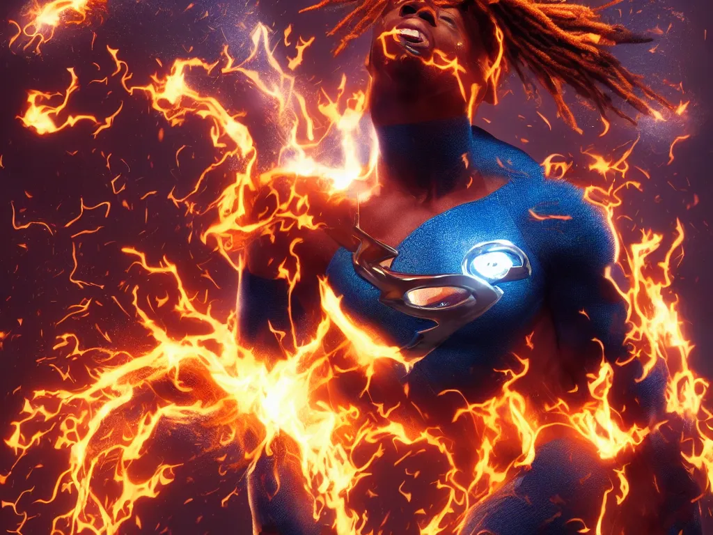 Image similar to full body cinematic, a handsome African American Johnny Storm young male superhero of the fantastic four with flaming brown dreadlocks hair, photorealistic, cinematic, high detail, dramatic lighting, unreal engine, octane render, 8k