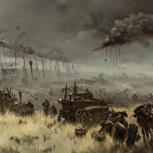 Image similar to jakob rozalski artstyle, steam punk war scene