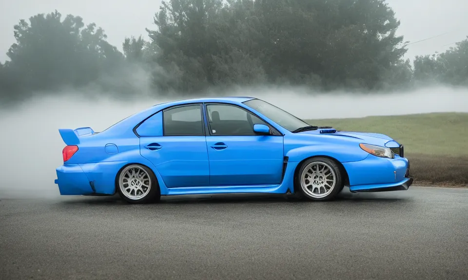 Prompt: A highly detailed 4K photo of a blue 2004 subaru wrx drifting around a corner foggy day