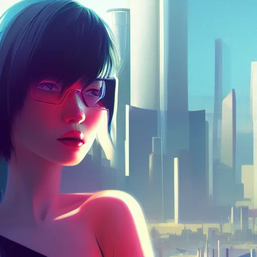 Image similar to a close up of a person with a city in the background, cyberpunk art by Ilya Kuvshinov, cgsociety, photorealism, ilya kuvshinov, cityscape, digital painting