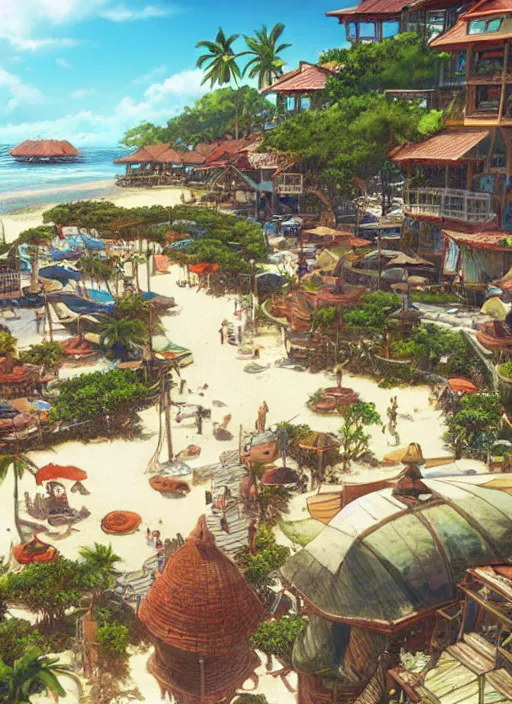 Prompt: Fantasy tropical port town first-person view of the beach. hidari, color page, tankoban, 4K, tone mapping, Akihiko Yoshida.
