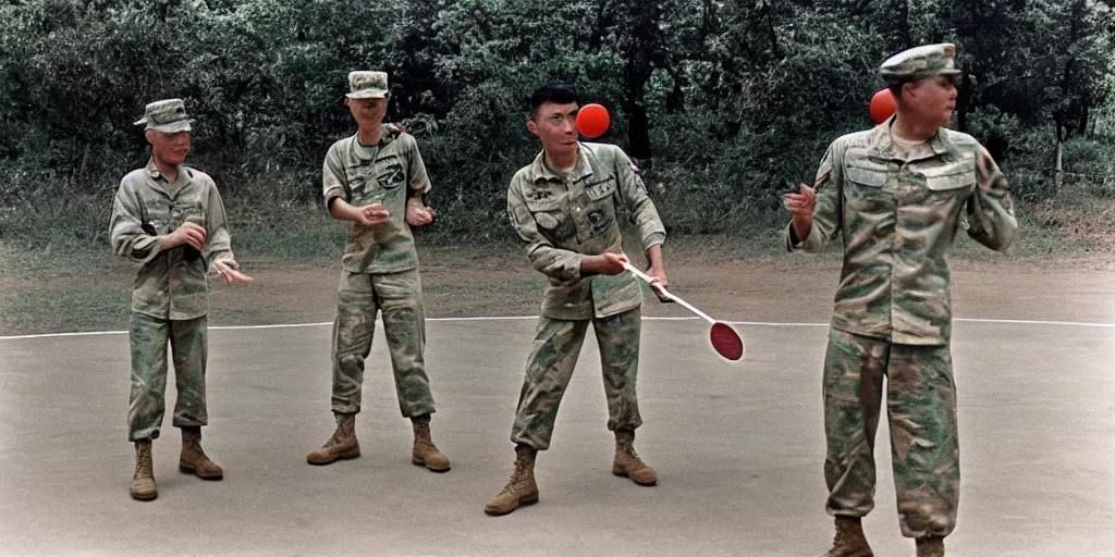 Image similar to u. s. soldiers in vietnam war, u. s. soldiers playing ping - pong on the base, portrait closeup, face closeup, coloured film photography, ken burns photography, lynn novick photography