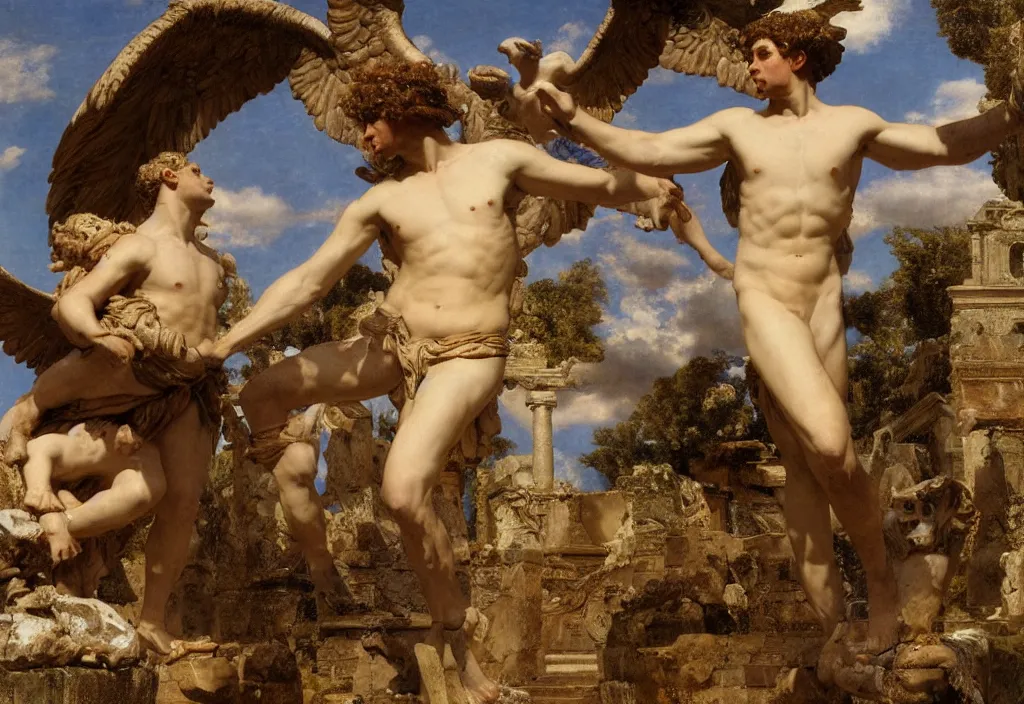 Image similar to the god of love eros soaring in the skies with apollo, ancient ruins by lawrence alma - tadema style, very detailed, anatomically correct, path traced lighting, soft natural lighting