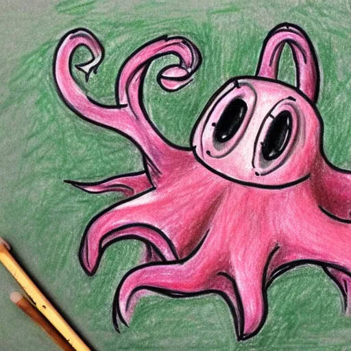 Image similar to super basic drawing of a pig - octopus, weeds, crayon on paper