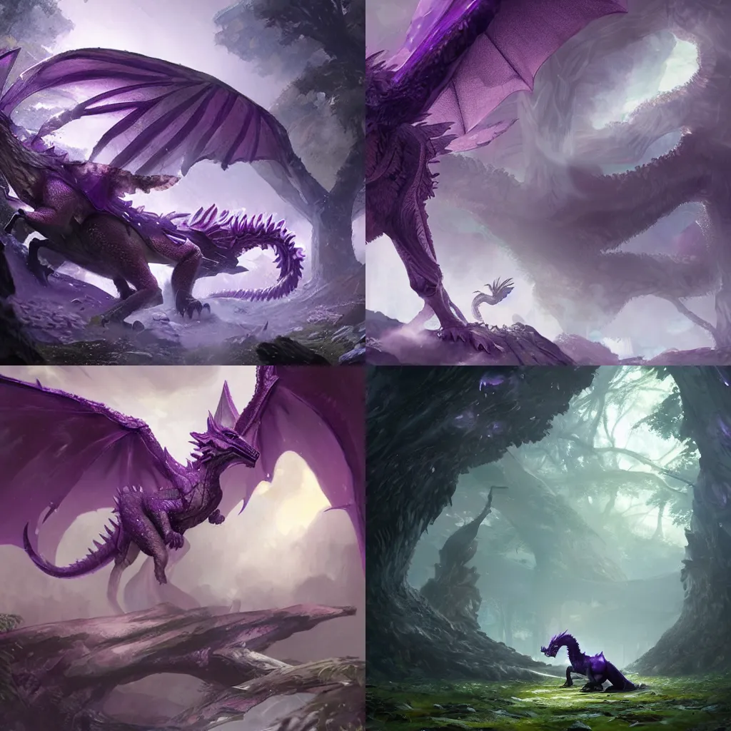 Prompt: Concept art of a ferocious Amethyst Crystal Dragon guarding the Sacred Grove, digital art by Greg Rutkowski