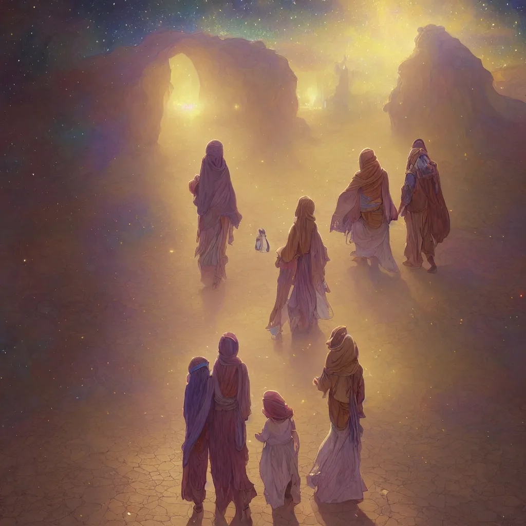 Image similar to bedouin man and woman and child in galaxy walking towards mosque surrounded by nebula, highly detailed, gold filigree, romantic storybook fantasy, soft cinematic lighting, award, disney concept art watercolor illustration by mandy jurgens and alphonse mucha and alena aenami, pastel color palette, featured on artstation