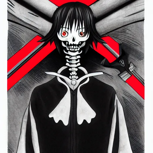 Image similar to A anime still of a grim reaper by Takeshi Obata, skeleton face symmetrical face,symmetrical body, worn clothes, military boots,colors red and black and white, pencil art on paper