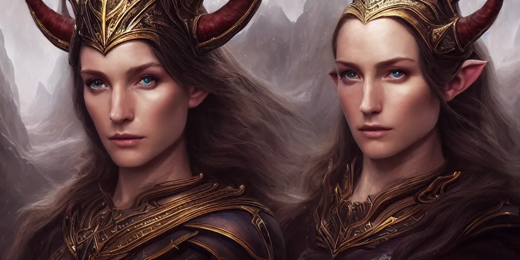 Prompt: Majestic and regal portrait of a riveting and awe inspiring female High Elf nobility, fantasy mountainous background, intricate, epic, elegant, menacing, fantasy, photo realistic, digital painting, hard focus, beautiful volumetric lighting, epic light, ultra detailed, by Leesha Hannigan, Ross Tran, Thierry Doizon, Kai Carpenter, Ignacio Fernández Ríos