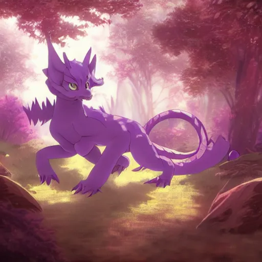 Image similar to concept art painting of a purple anime furry anthro dragon, in the deep forest, realistic, detailed, cel shaded, in the style of makoto shinkai and greg rutkowski and james gurney