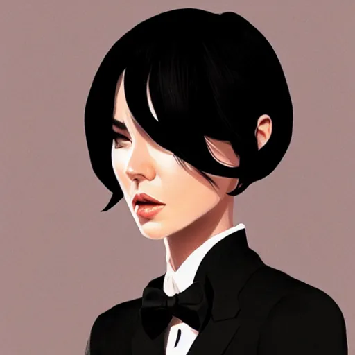 Image similar to slim girl in tuxedo with short black hair, elegant, 2d, ultra highly detailed, digital painting, smooth, sharp focus, artstation, art by Ilya Kuvshinov