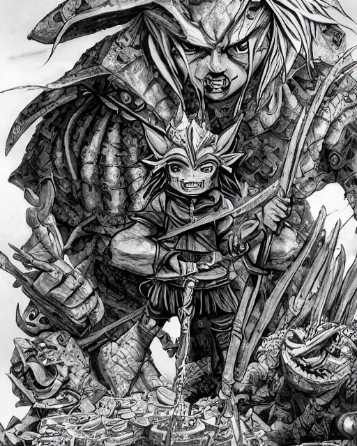 Image similar to A goblin merchant selling treasuries and potions, high detailed store, black and white, fantasy art, goblin art, in the style of masami kurumada, illustration, epic, fantasy, intricate, hyper detailed, artstation, concept art, smooth, sharp focus, ray tracing