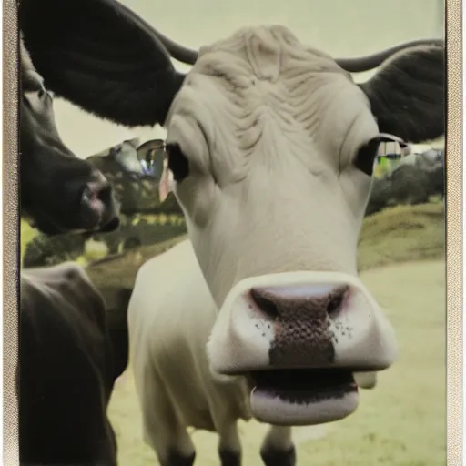 Image similar to a cow with 2 heads, unsettling, found footage style, polaroid, kodak film