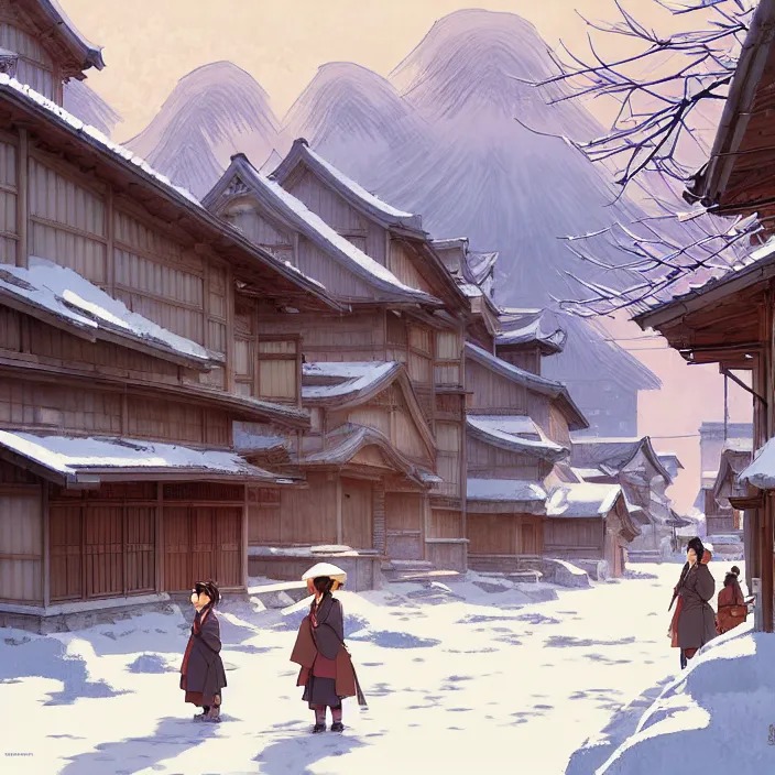 Image similar to japanese rural town, no people, winter, in the style of studio ghibli, j. c. leyendecker, greg rutkowski, artem