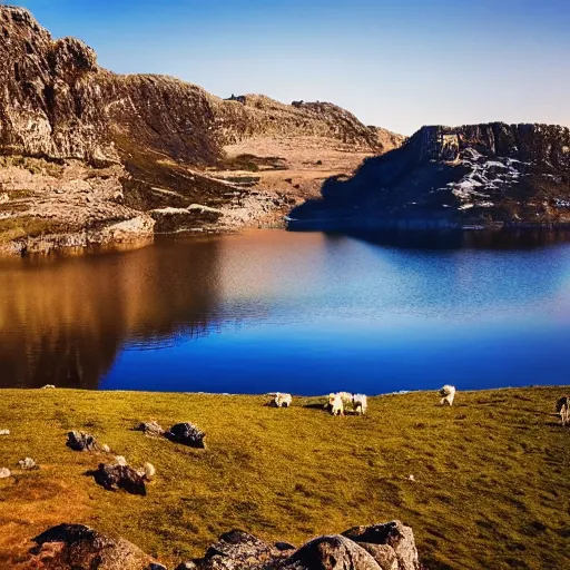 Prompt: a beautiful landscape with a lake and a big monolith, sheep grazing, fractal rock formations, cinematic light, late afternoon, long shadows,